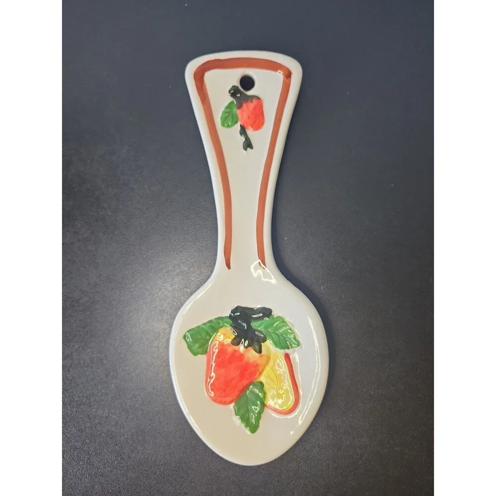 Vintage Hand Painted Ceramic Fruit Spoon Rest Embossed Strawberry Apple 90s